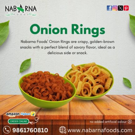 NABARNA ONION RINGS 500G/ ONION RINGS ARE CRISPY, GOLDEN-BROWN SNACKS WITH A PERFECT BLEND OF SAVORY FLAVOR, IDEAL AS A DELICIOUS SIDE OR SNACK.